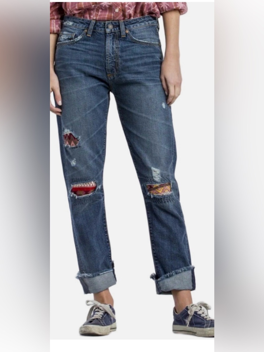 MM Vintage Distressed Blue Boyfriend Jeans with Colorful Knee Patches